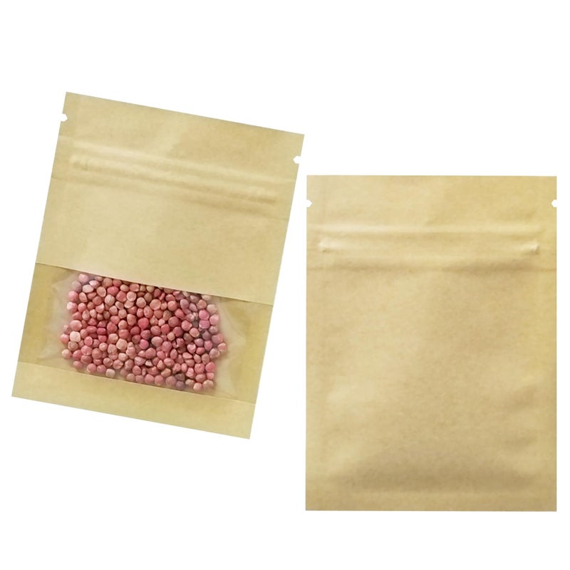 FERENLI 100 Pack 2.8x3.5 inch Small Resealable Seed Coin Envelopes Bags with Clear Window Brown Kraft Paper Heat Seal Packets for Flower Vegetable Seeds Storage Party Favor Pet Food Sample Bag - Image 1